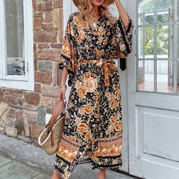 Boho Black Pink Floral Belted Long Kimono Cover up Beach - Picture 7 of 11